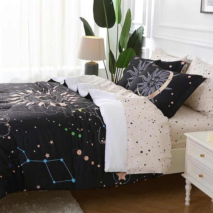 7 Piece Sun and Moon Comforter Set Bed in a Bag Queen Size - Boho Celestial Constellations Bedding for Girls Women - Black Gold - Lightweight Comforter with Sheets and Pillowcases