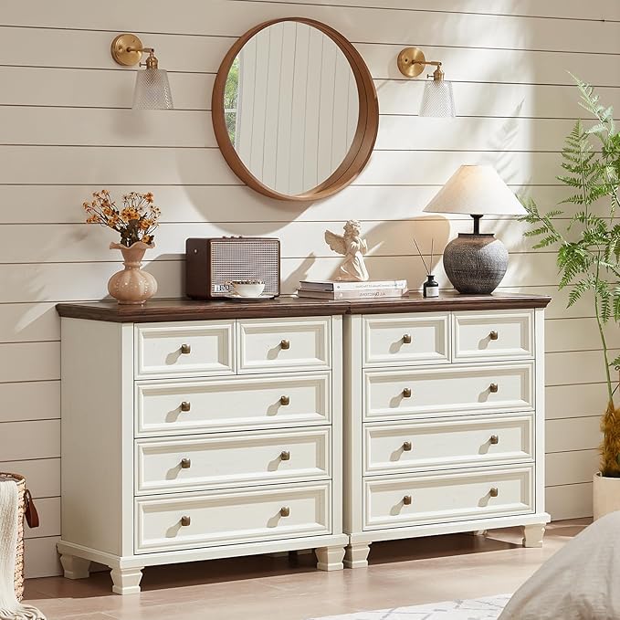 Farmhouse 5 Drawer Dresser for Bedroom, 32.6 Inch Tall Vintage Chest of Drawers, Rustic Small Dressers w/Square Solid Wood Legs, Mid-Century Storage Organizer for Living Room, White