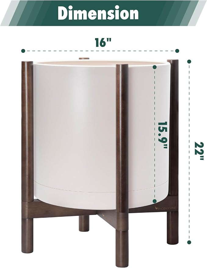 D'vine Dev Planter Pot with Stand - 16 Inch Plastic Cylinder Flower Pot with Wood Planter Holder for Indoor, Oatmeal Pot + Walnut Color Stand, 55-C-X-4