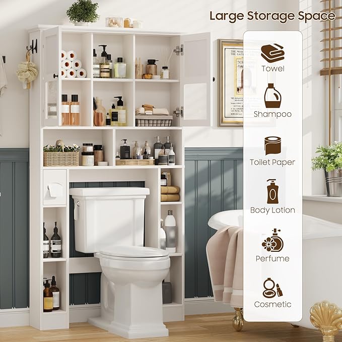 Over The Toilet Storage Cabinet, Bathroom Shelf Over Toilet with Hammered Grain Glass Doors and Adjustable Shelves, Freestanding Home Space Save Toilet Rack for Restroom, Bathroom, Laundry (White)