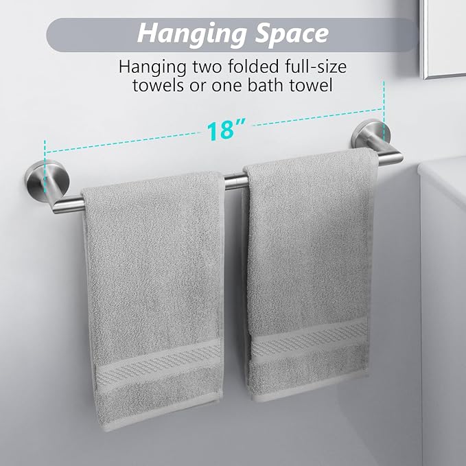 Brushed Nickel Bath Towel Bar 18 Inch Bathroom Towel Rack Wall Mounted Towel Holder Modern Home Decor Towel Rod Bathroom Hardware Silver Towel Hanger Towel Rail Towel Shelf Single Bar Brushed Finished