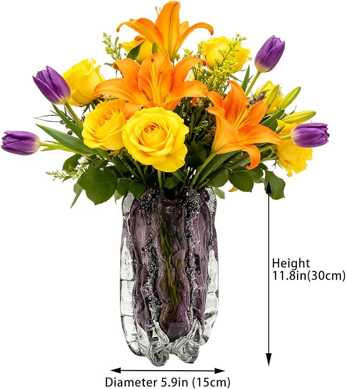 Blown Glass Bubble with Ruffled Edge Vase, Art Glass for Home Decor, Tall Vases for Centerpieces & Flowers, Crystal-Like for Bouquets & Pampas Grass, Vases Amber, Flower Bouquet Display (Purple, L)