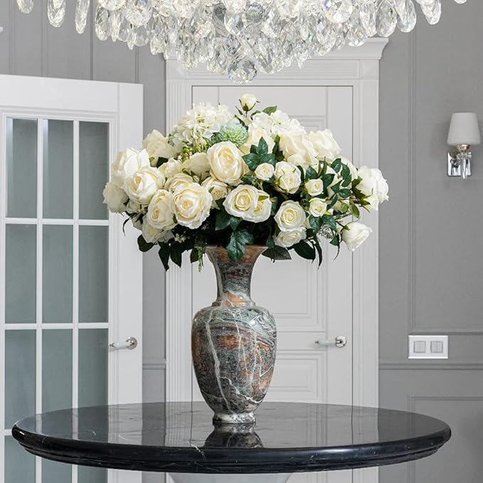 Kisflower 12Pcs White Roses Artificial Flowers, Realistic Single Stem Flowers Silk Rose Bouquet for Wedding Party Office Home Decor (White)