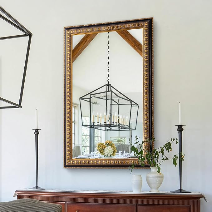 Vintage Gold Mirror for Wall Decor, 43" L x 27" W Baroque Mirror with Carved Frame and Handmade Aged Gold Finish, Rectangular Wood Mirrors for Living Room Bathroom Fireplace
