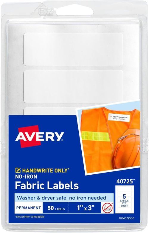 Avery No-Iron Fabric Labels - Waterproof & Washer-Safe | 1" x 3", 50 Count (40725)