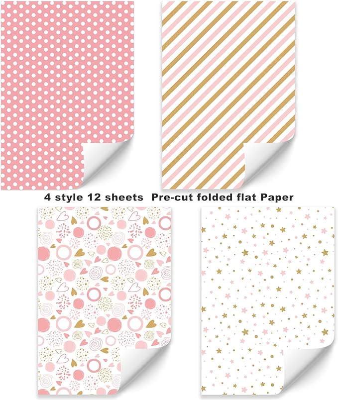 PlandRichW Birthday Wrapping Paper Folded for Girls, Women, Baby, Pink Wrapping Paper, Pink Gift Wrap for Birthday, Valentines, Christmas, Wedding, Baby Shower, Pre-cut 12 Sheets Each 20"X 29"