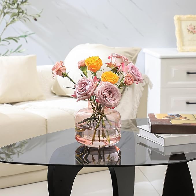 Pink Glass Vase, Short Flower Vase, Round Glass Vases for Flowers, 6 Inch Small Glass Vases for Living Room, Dining Table, Wedding, Bookshelf, Office, Coffee Table