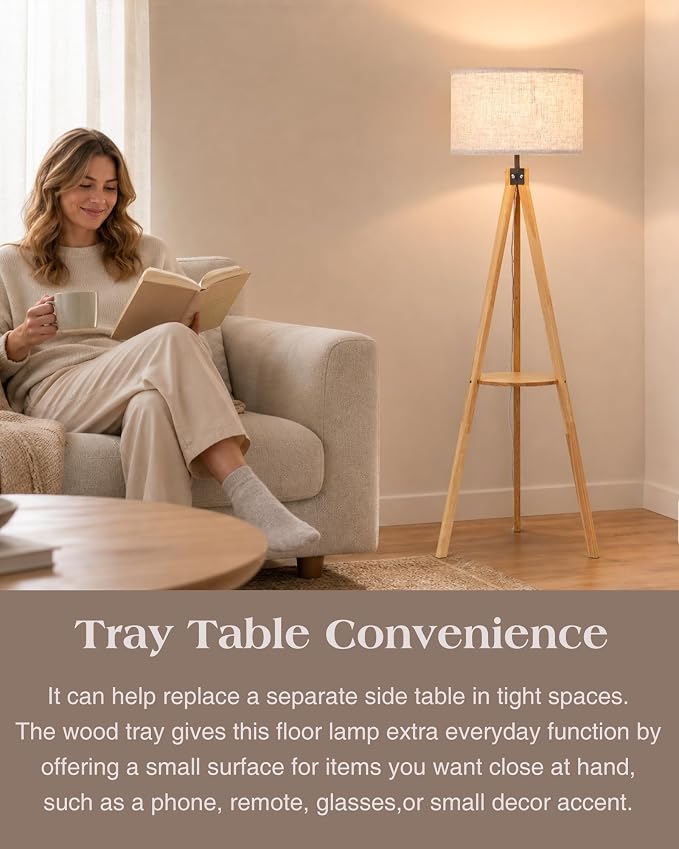 ELYONA Wood Floor Lamp for Living Room, Japandi Tripod Standing Lamp with Linen Shade & Wood Tray Table, Shelf Floor Lamp for Bedroom, Office, Dining Room, LED 3 Color Temperatures 9W Bulb Included