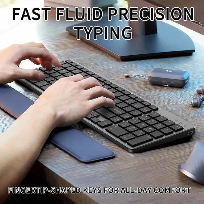 JKSML Wireless Keyboard with 102 Keys, Bluetooth and 2.4 GHz Wireless, Low Profile, Number Pad, Fluid Quiet Typing, 12 Programmable Keys, USB C Rechargeable, for Phone, Tablet, PC, Laptop, TV - Black