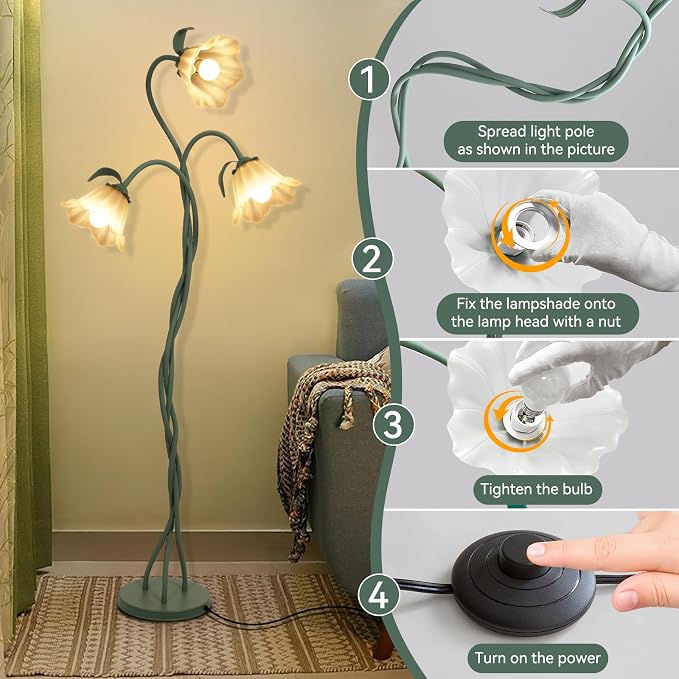 Elaruslux Vintage 3 Heads Flower Floor Lamp with Adjustable Gooseneck Corner Standing Tall Floor Lamp 3 Color Modes for Living Room Bedroom Reading Decoration Vine Floral Lamp with Lily of The Valley
