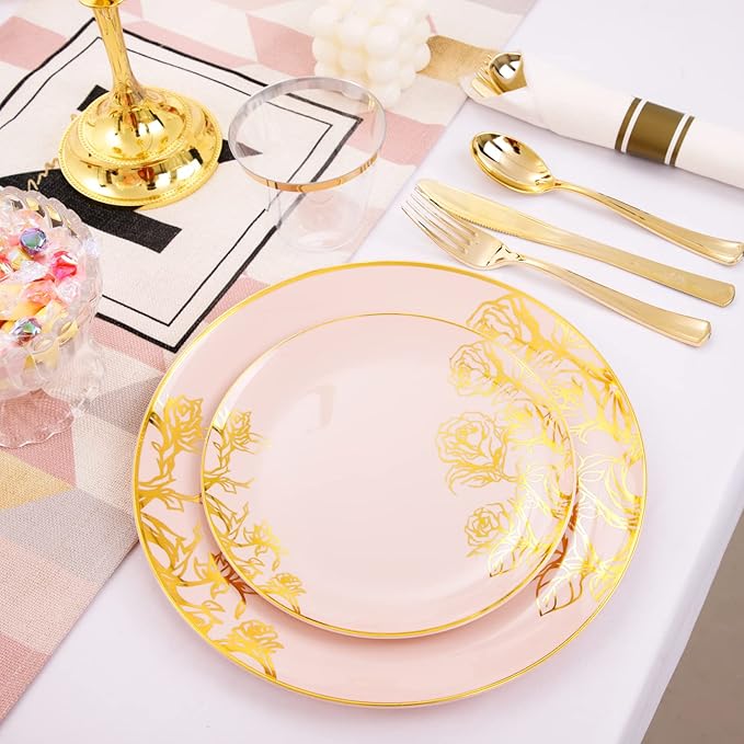 DaYammi 210Pcs Pink Gold Plastic Plates Floral Plates,Pink Disposable Dinnerware Set Includes 60 pink Plate,30 gold Plastic Silverware,30 Per Rolled Napkins,30 plastic Cups,Christmas plates for Party