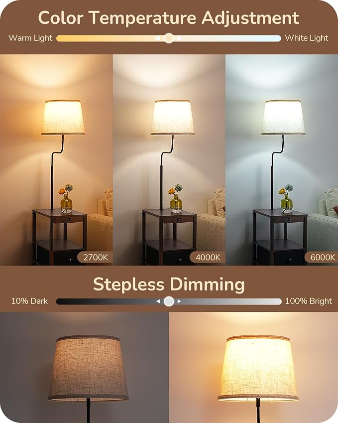 EDISHINE Floor Lamps for Living Room, 3000K-6500K Dimmable Floor Lamp with Table, USB-A+Type-C Charging Port, Table with Lamp Attached for Bedroom, Den, Office, Fire-Burned Wood Color