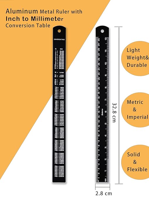 Zotemo Metal Ruler 12 Inch, Metric Ruler Dual Scale with Laser Etched Measurement, 2 Pack Easy to Read Aluminum Straight Edge with Inch to Millimetre Conversion Table for Office Back to School Student