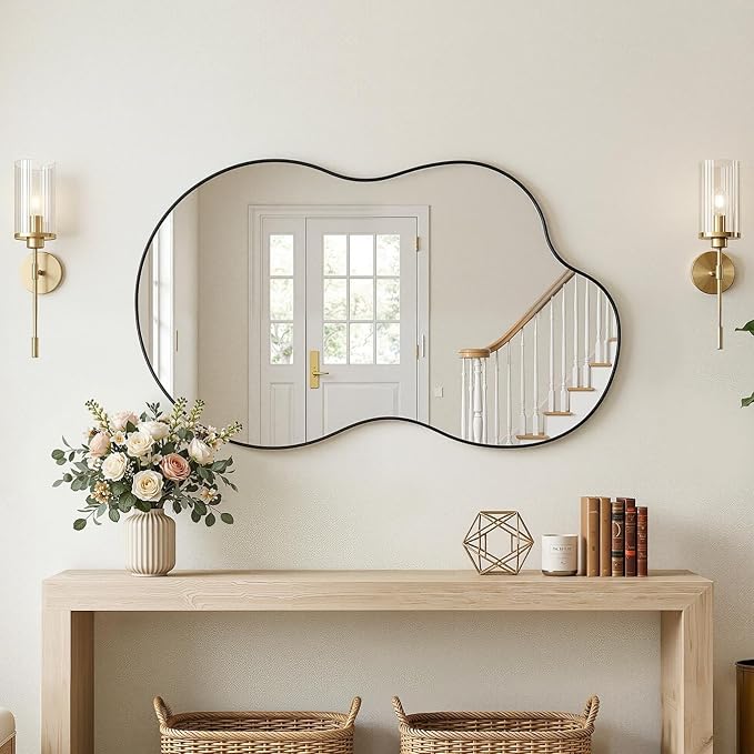 Irregular Wall Mirror, 26"x40" Asymmetrical Mirror with Metal Frame, Modern Unique Decorative Mirrors for Bathroom, Wall Decor, Entryway, Living Room, Black