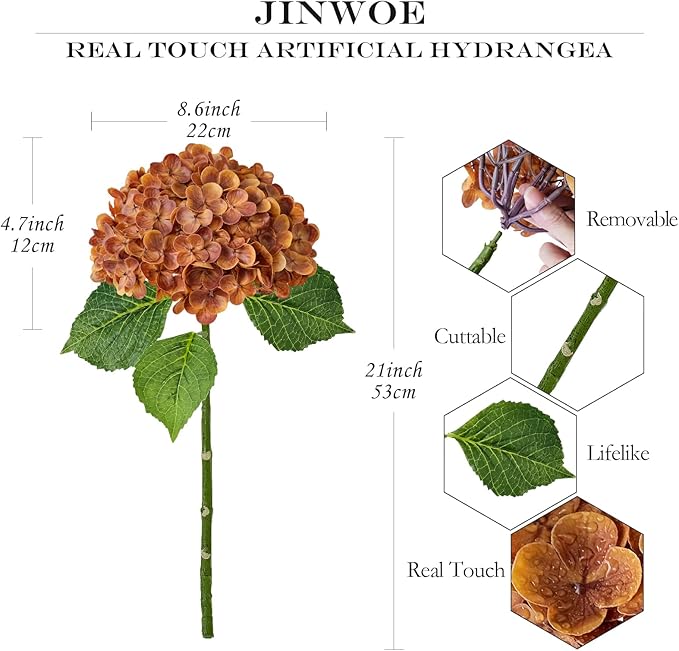 Fall Hydrangea Artificial Flowers, 3Pcs 21” Raw Umber Brown Latex Real Touch Flowers, Faux Silk Flowers Fake Artificial Hydrangeas with Stems for Bouquet Table Centerpieces Halloween