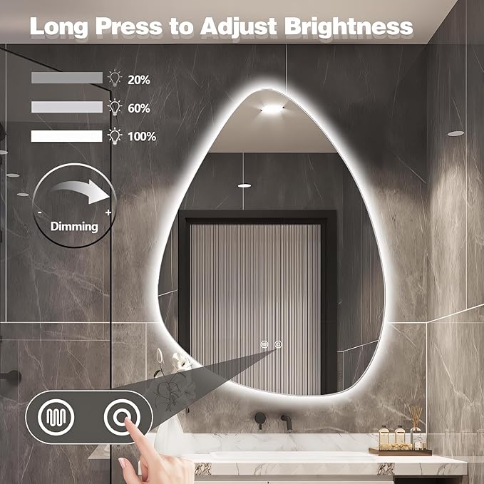 Niccy Irregular LED Bathroom Mirror, 20"x28" Asymmetrical Backlit Vanity Wall Mirrors, Frameless Lighted Mirrors for Bedroom, Living Room, Modern Smart-Mirror with Anti-Fog, Dimmable, Memory Function