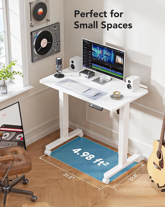 HUANUO Electric Small Standing Desk, 35" x 24" Whole Piece Desktop, Adjustable Height Computer Desk, 4 Height Memory Settings, Sit Stand Up Desk for Home Office, White