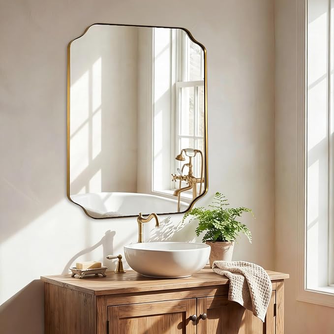ANDY STAR 28"x36" Brushed Brass Bathroom Mirror, Scalloped Mirror for Bathroom, Champagne Bronze Mirror in Anti-Rust Stainless Steel Thin Frame, Wall Mount Vertical or Horizontal