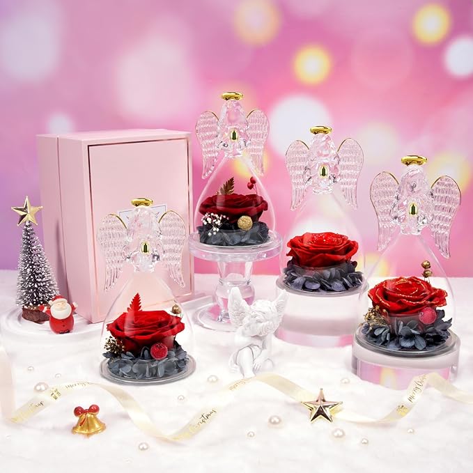 Sunia Preserved Flower Rose Gift for Women - Mother's Day Birthday Gifts for Mom Wife Grandma, Glass Angel Figurines Forever Real Roses Gifts for Her Valentine Day Thanksgiving﻿ (Redwine)