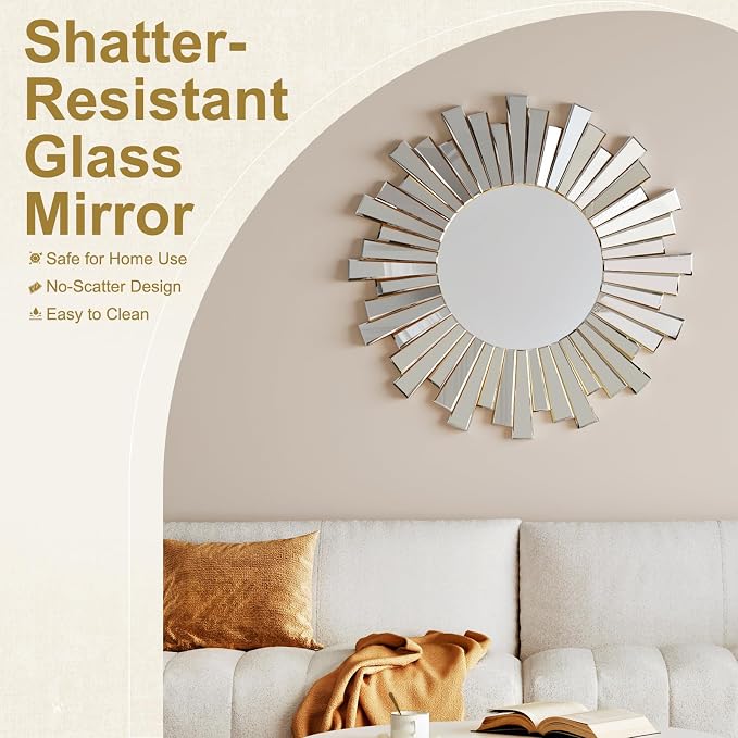 CozyDH Large Round Gold Sunburst Mirror - 26"x26" Starburst Mirror for Wall Decorative Glass Frame Boho Sun Mirrors Wall Art for Entryway Bedroom Living Room Hallway Bathroom Dining Room