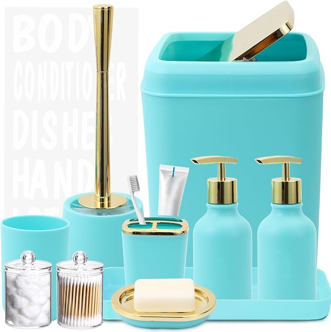 XLHOMO Teal Bathroom Accessories Set - 10 Piece Bathroom Accessory Set with Trash Can, Soap Dispenser, Soap Dish, Toothbrush Holder and Cup, Toilet Brush, Qtip Holder, Bathroom Decor Sets Complete