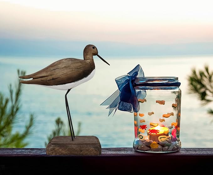 Wood Bird Statue Nautical Decor Decorative Sea Birds Sculpture Wooden Tabletop Figurine Coastal Ocean Beach Themed Decoration for Home Yard Bathroom Living Room (6.7" + 12.4" H)