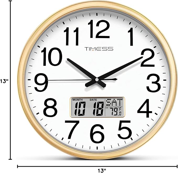 TIMESS Wall Clock, 13 Inch Non-Ticking Silent Battery Operated Quartz Analog with LCD Display for Perpetual Calendar and F° Temperature, Ideal Modern Home, Bedroom, Kitchen, Office Decor (Gold)