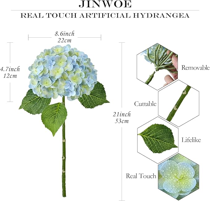 Light Blue Artificial Hydrangea Flowers, 3Pcs 21” Latex Real Touch Flowers, Faux Silk Flowers Fake Hydrangeas with Stems for Bouquet Table Centerpieces Halloween