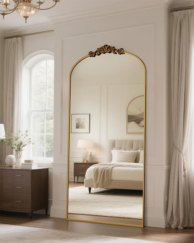 Antok Arched Full Length Mirror, 78"x38" Floor Mirror with Carved, Full Body Mirrors for HomeDecor, Standing/Halling Large Wall Mirror for Bedroom, Living Room, Cloakroom, Gold, Retro Style