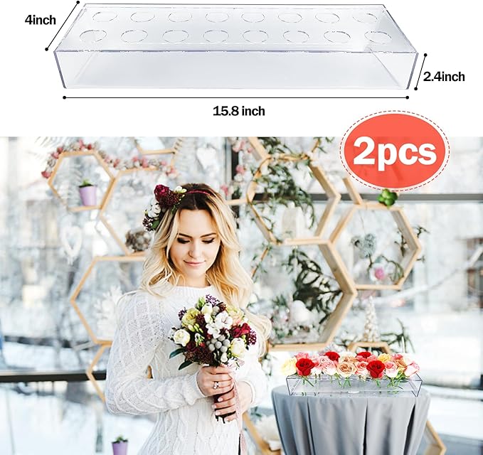 2Pack Clear Acrylic Flower Vase Rectangular, 15.7 Inches Long Floral Centerpiece Low Vases with Holes for Dinning Table, Home Decor, Wedding Decoration