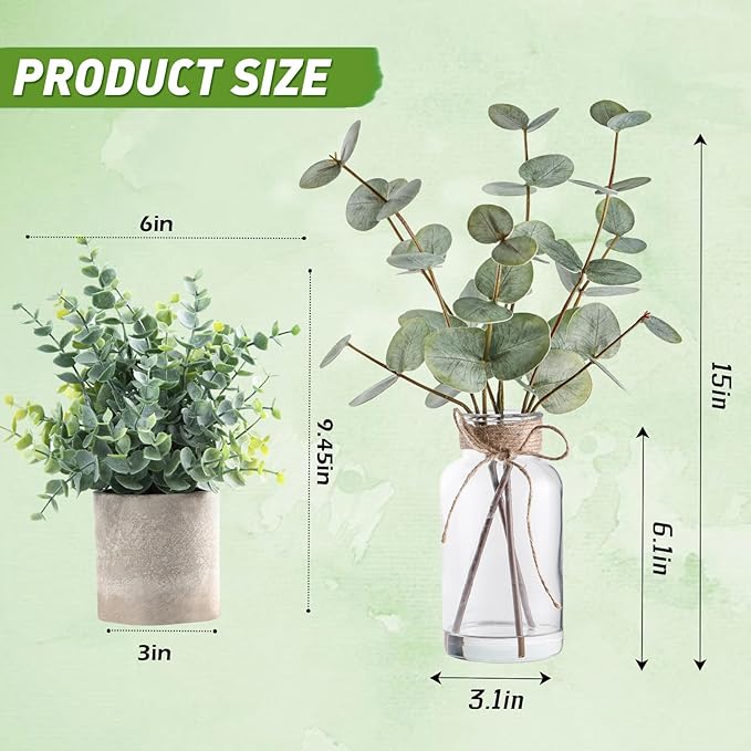 Artificial Eucalyptus Stems in Glass Vase with Faux Water, 15" Eucalyptus Fake Plants with Double-Sided Green Leaves for Home, Bathroom, Office, Farmhouse, Shelf Coffee Table Decor