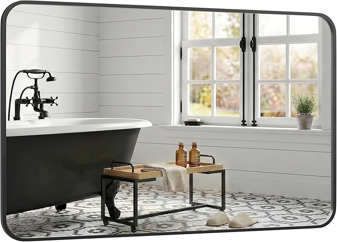 30x48 Inch Oversized Matte Black Bathroom Vanity Mirrors | Flush Mount Deep Set Metal Wall Mirror for Over Sink | HD Shatterproof Glass, Rustproof | 1 Pack