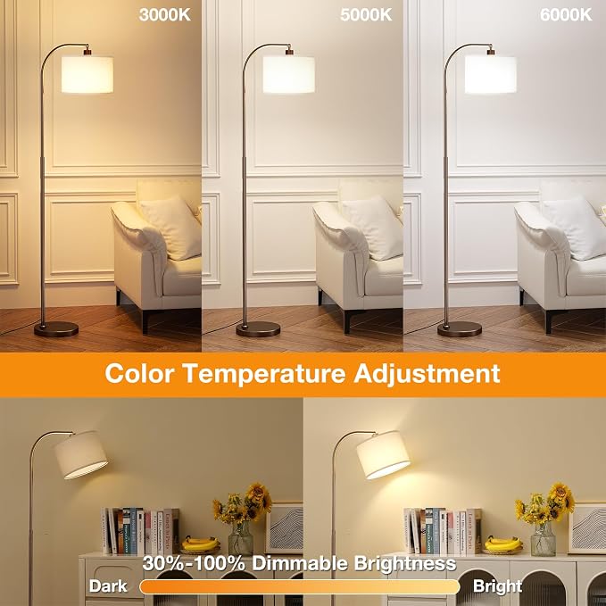 Ambimall Arc Floor Lamp with Remote and Stepless Dimmable Bulb, Colors Temperature & Brightness Adjustable, Floor Lamps for Living Room（Deep Beige Shade & Brown Pole）