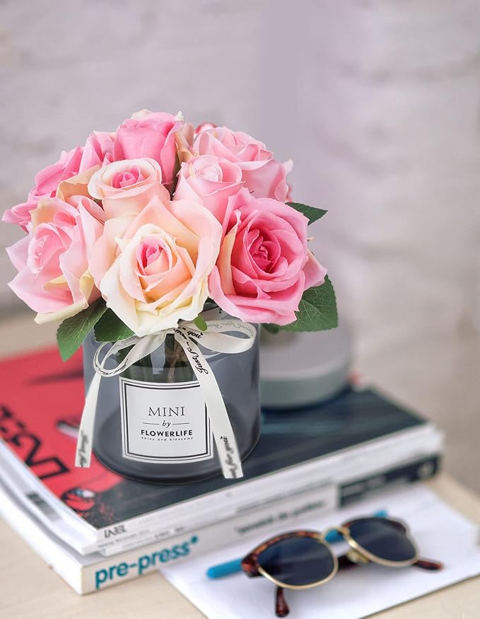 XIAYAN Artificial Flower and Glass vase, Silk Rose Flower Glass Bottle Set, Suitable for Living Room, Dining Table, Office, Wedding, Hotel Banquet and Other Home Decoration. (Pink)………