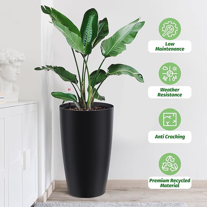 GarveeLife Set of 2 Tall Planters for Outdoor Plants, 22 in Large Planters for Outdoor Indoor Plants with Water Level Monitor ＆ Inner Bucket, Automatic Watering, for Porch, Patio, Backyard, Black