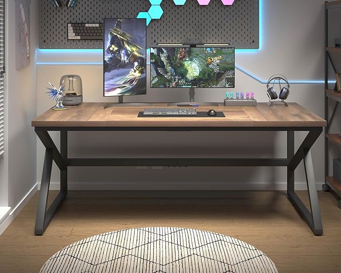 HSH Large Home Office Desk, Modern Wood Metal Computer Desk for Two Person, Extra Long Executive Writing Study Gaming Double Desk Workstation, 70 Inch Rustic Bedroom Living Room Table for 2 Monitors