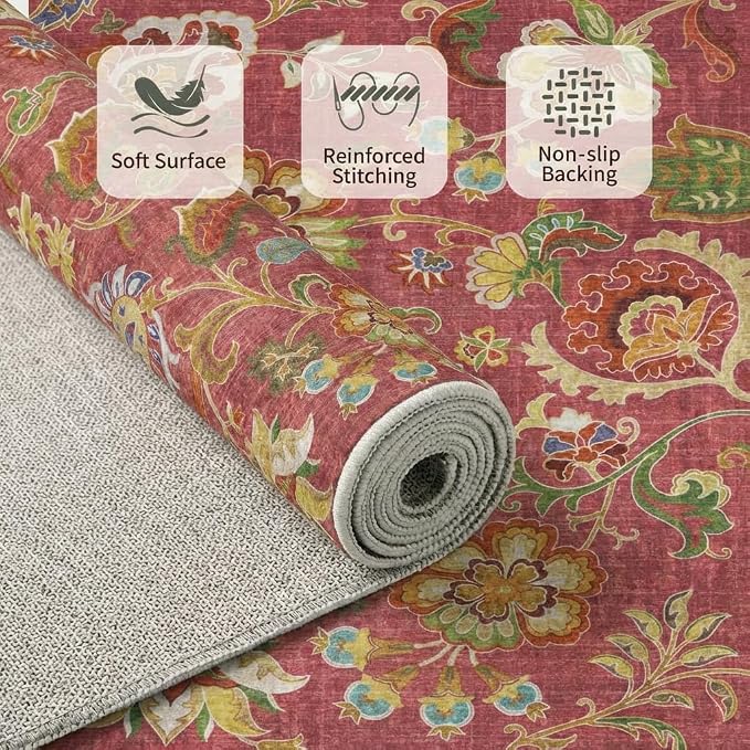 5x7 Area Rug Bohemian Vintage Floral Paisley Rug with Non Slip Backing, Washable Low Pile Burgundy Red Multi-Color Carpet for Bedroom, Living Room, Dining Room, Home Office, Farmhouse