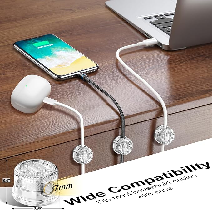 6 Pack Cord Organizer Magnetic Cable Clips, 360°Rotation Cable Clips - Adjustable Cord Holder for Nightstand, Adhesive Cable Management Cord Clips, Cable Holder & Charger Organizer（Clear）