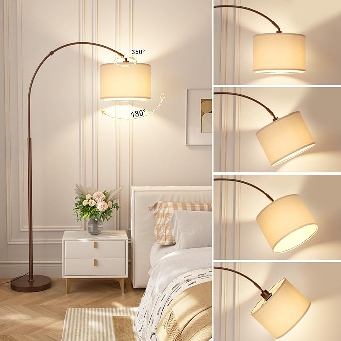 Ambimall Dimmable Arc Floor Lamp with Remote, Color Temperatures and Brightness Adjustable, Arched Floor Lamp with Rotating Head, Over Couch Arched Reading Light for Living Room (Deep Beige and Brown)