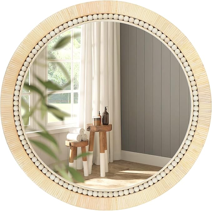 ULIKE Rattan Wicker Mirror for Bathroom, 24 Inch Boho Woven Decorative for Wall, Rustic Farmhouse Vanity Mirror, Round Rattan Mirrors for Living Room Entryway Bathroom Bedroom