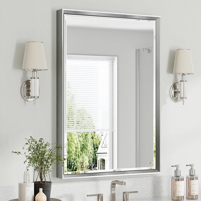 Silver Bathroom Mirror, 24x36 Inch Beveled Vanity Mirror for Wall, Anti-Rust Silver Metal Framed Rectangle Mirror (Vertical/Horizontal)