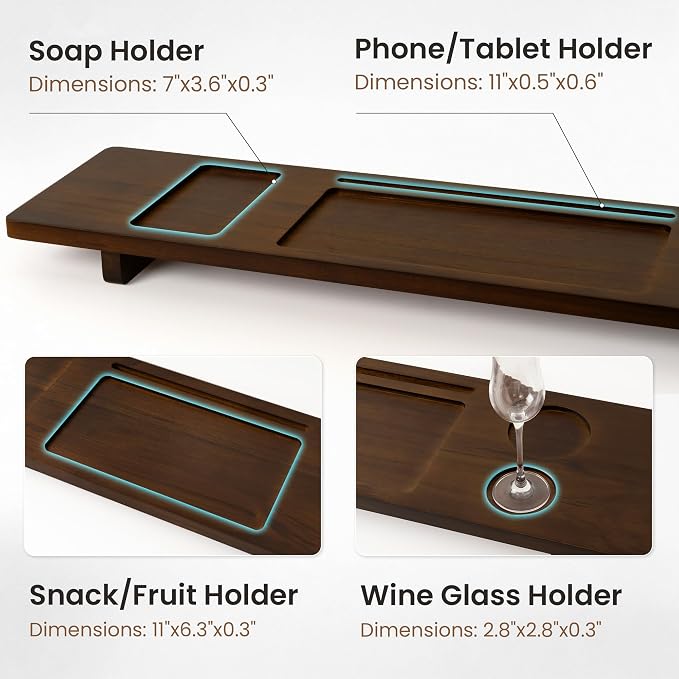 Teak Bathtub Tray - Wood Bath Caddy Tray 35" for Large Tubs - Adjustable Bathtub Table Trays - Luxury Shower Organizer for Home Spa Relaxation and Reading - Dark Walnut Color