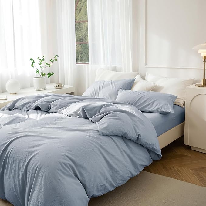 JIYUAN 100% Washed Cotton Duvet Cover Set 3 Pieces Queen, 1 Duvet Cover 90x90 Inches(Comforter Not Included) and 2 Pillowcases,Linen Feel Bedding Set Comfy and Breathable, Heathered Light Blue