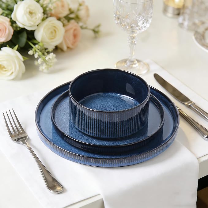 MONITO Ceramic Dinnerware Sets for 6, 18PCS Stoneware Plates and Bowls Sets, Reactive Glaze Dish Set, Chip and Scratch Resistant Double, Microwave and Dishwasher Safe, Dark Blue