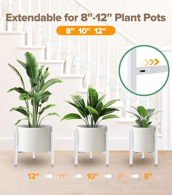 Plant Stand Indoor Adjustable, Metal Modern Indoor Plant Stand, Heavy Duty Plant Stands Outdoor Corner, Stable Plant Holder, Fits 8 to 12 Inches Pots, White, 1 Pack, Pot & Plant Not Included