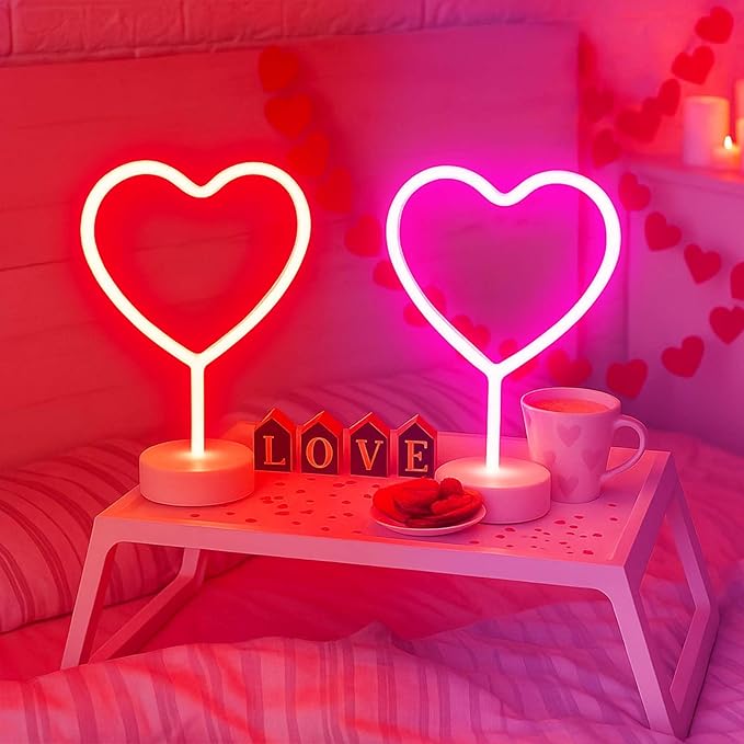 BHCLIGHT 1PK Pink & 1PK Red Heart Neon Sign, Valentines Day LED Neon Light Battery Operated or USB Powered Valentines Heart Lights, Table Lamp for Galentines Day Decorations, Gifts for Women, Lover.