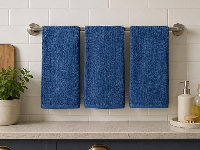 Serafina Home Waffle Blue Kitchen Dish Towels 100% Cotton Cloth Soft Cleaning Drying Absorbent Terry Box Loop: Set of 3 Multipurpose for Everyday Use, 18" x 28" (Blue Box)