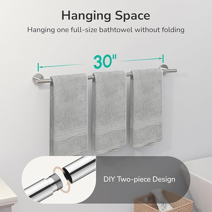 USHOWER Polished Chrome Bath Towel Bar, 30-Inch Towel Rack for Bathroom Wall-Mounted, Thicken SUS304 Stainless Steel Towel Rod (Total Length 32-Inch)