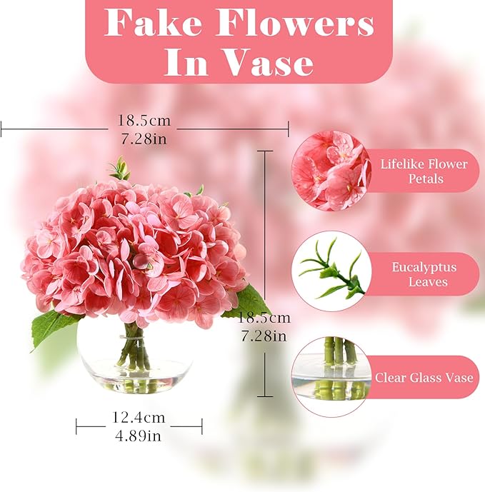 Artificial Flowers Hydrangea Artificial Flowers with Vase Silk Fake Flowers Arrangements in Vase with Faux Water for Home Bathroom Office Table Centerpiece Shelf Decorations (Pink)