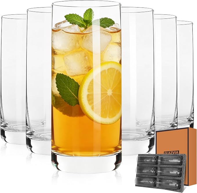 Highball Glasses Set of 6,13oz Clear Drinking Glass Cups for Mixed Drink Cocktail, Beer, Mojito, Water and Juice, Thick Tall Crystal Glassware for Kitchen, Restaurant, Home Bar and Parties